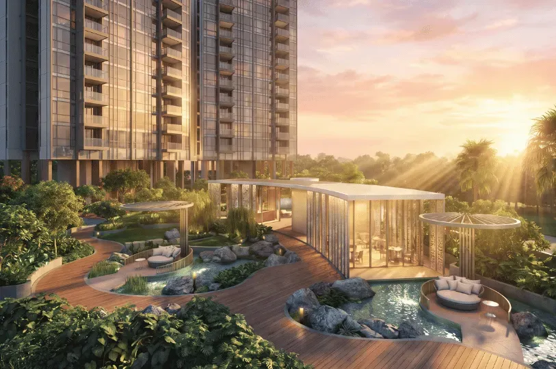 An architectural rendering of a luxury high-rise condominium complex at sunset. The beautifully landscaped grounds feature winding wooden boardwalks, serene water features, circular outdoor lounging pods, and a modern glass-walled pavilion surrounded by lush tropical greenery.