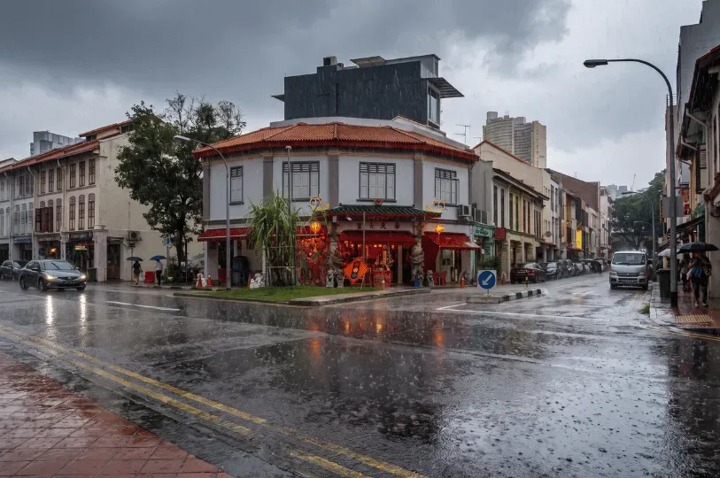 A rain-soaked street corner in a heritage Singapore neighborhood lined with traditional shophouses, featuring wet asphalt, pedestrians under umbrellas, and dark overcast skies.