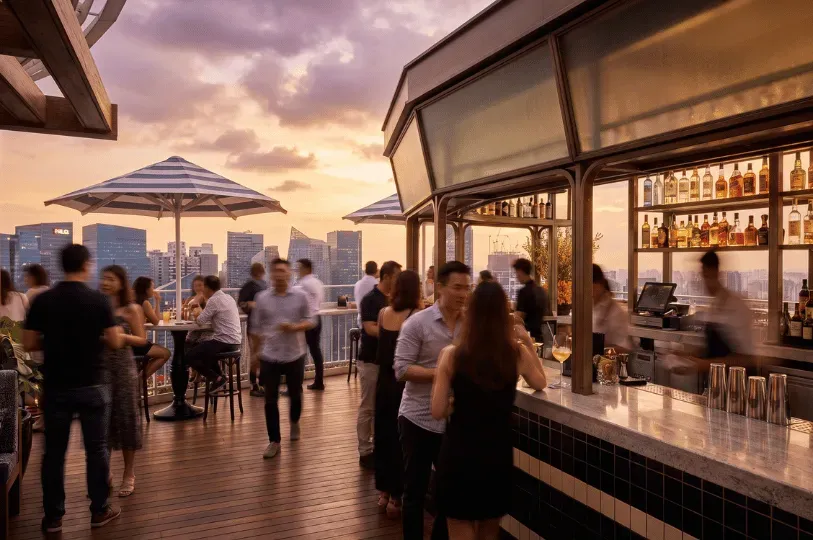 A bustling rooftop bar at sunset, with patrons mingling and enjoying drinks against a backdrop of a modern city skyline, while a bartender works behind a sleek, tiled counter.