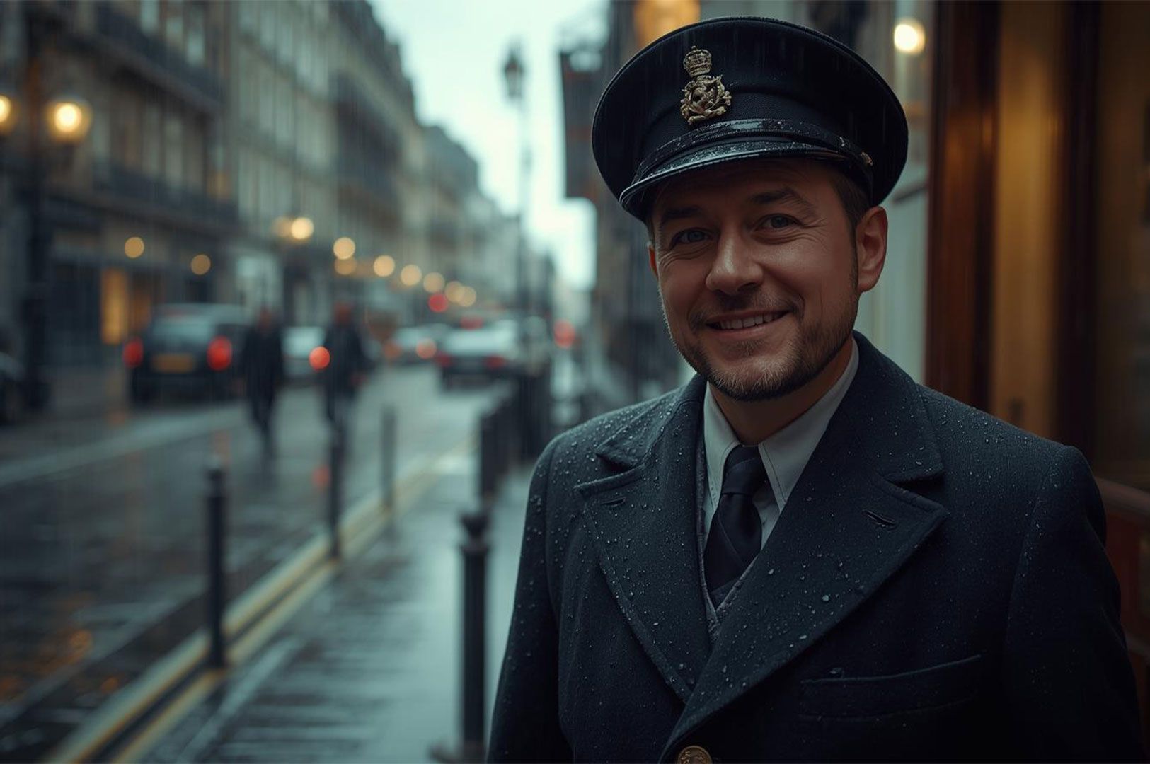 A smiling man in a dark, official uniform and cap stands on a wet, rainy street in a European city (likely Dublin or London), with buildings blurred in the background.