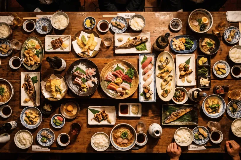 A top-down view of a large, rustic communal wooden table heavily laden with a massive feast of Japanese cuisine. The sprawling spread includes shared platters of sushi, sashimi, tempura, ramen, and grilled fish, with the hands of various diners visible around the edges of the frame.