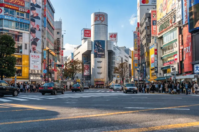 A bustling daytime view of a busy Tokyo intersection, featuring crowds of pedestrians waiting at a crosswalk, passing taxis, and tall buildings covered in colorful advertisements, anchored by the cylindrical Shibuya 109 building.