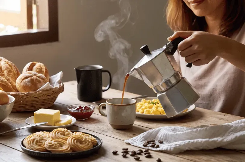 A woman pours coffee from a Moka pot at a rustic wooden table. The morning meal includes scrambled eggs, fresh bread rolls, jam, and cookies.