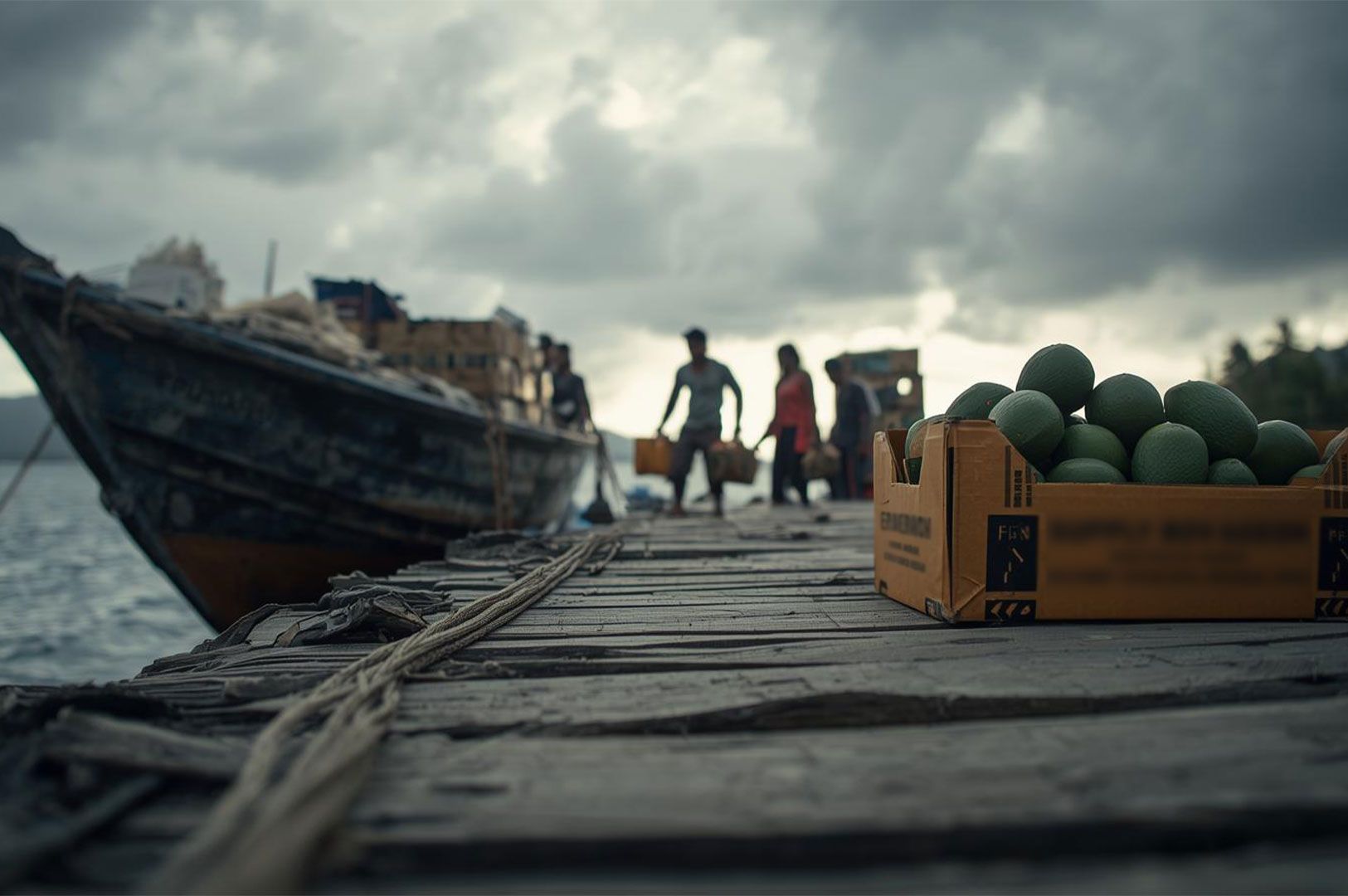 A close-up of a cardboard box filled with green fruits on a wooden pier, with blurred figures unloading cargo from a boat in the background under a moody, cloudy sky.