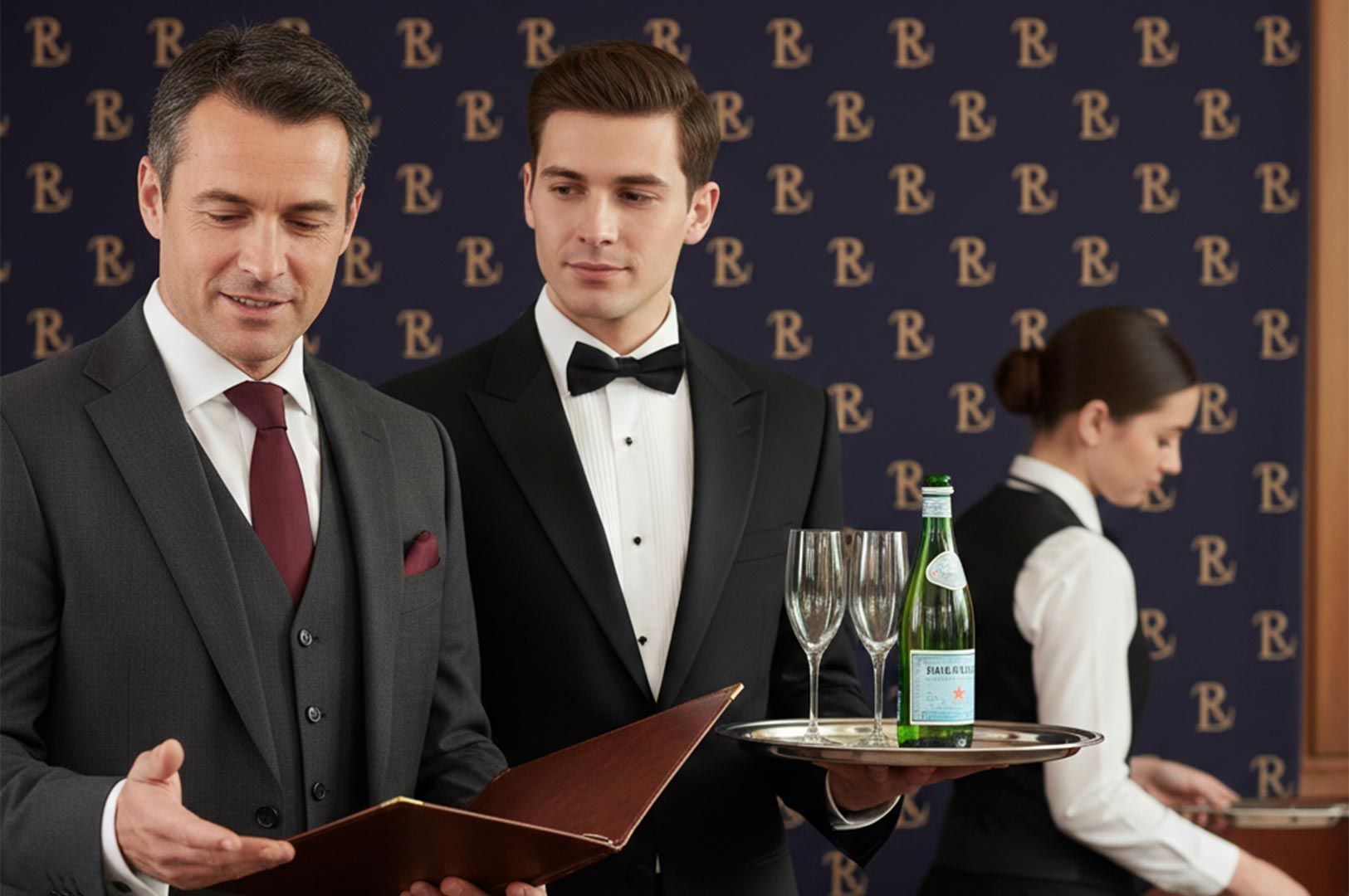A tuxedo-clad waiter holding a tray with water and glasses while a restaurant manager assists a guest in a three-piece suit with a leather wine list.