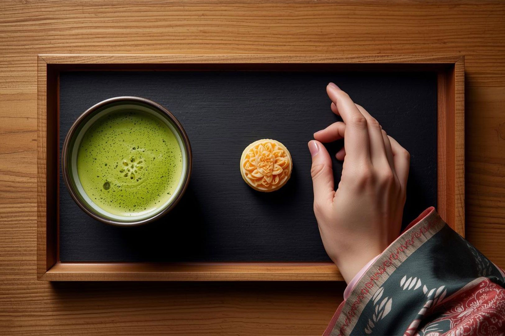 Top-down flat lay of a frothy bowl of matcha green tea and a delicate flower-shaped wagashi sweet on a wooden tray, with a woman's hand reaching towards the food.