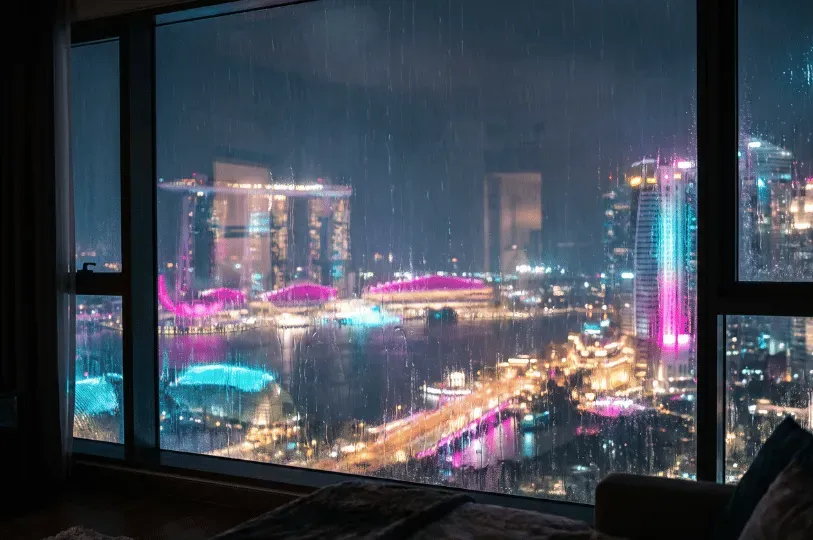 A cozy indoor view through a rain-streaked window overlooking the illuminated Marina Bay skyline at night, glowing with vibrant neon lights against a stormy atmosphere.