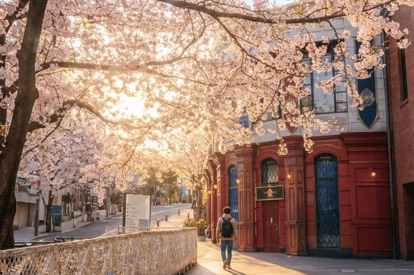 A lone pedestrian with a backpack walks down a peaceful, sun-drenched street lined with cherry blossom trees in full bloom, passing a distinct red and grey building under a golden, hazy light.