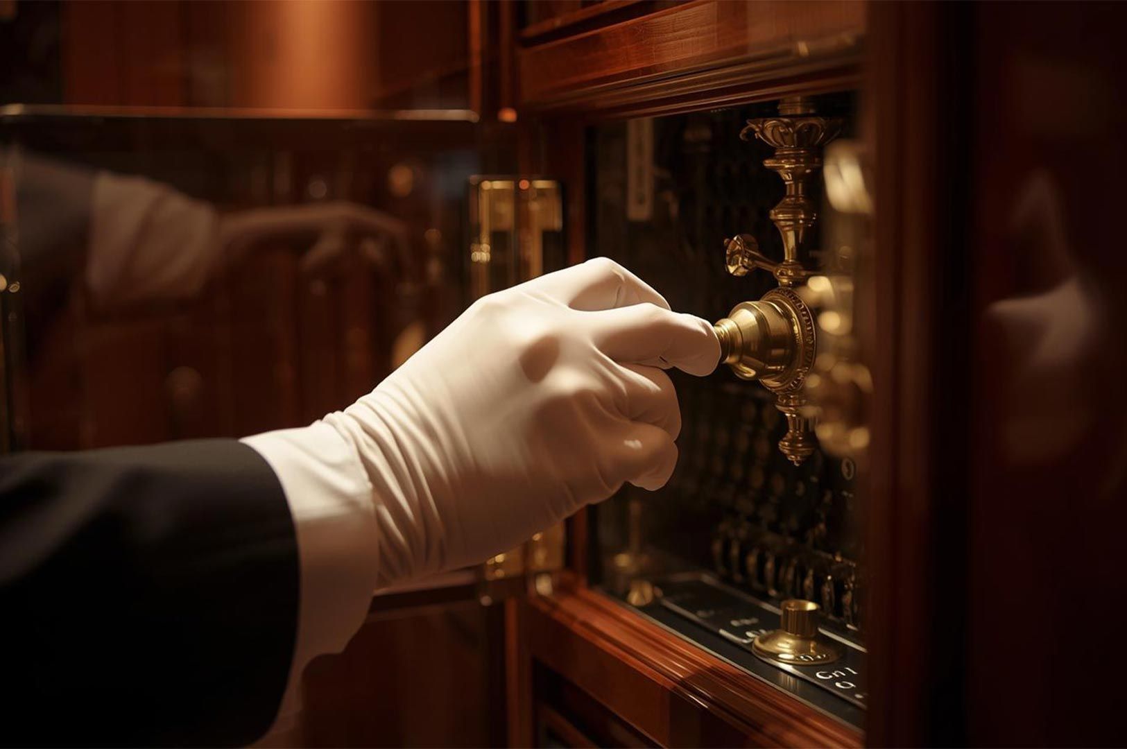 A detail shot of a hand in a formal white glove carefully adjusting a gold dial on an ornate, antique wooden safe or high-end cabinet.