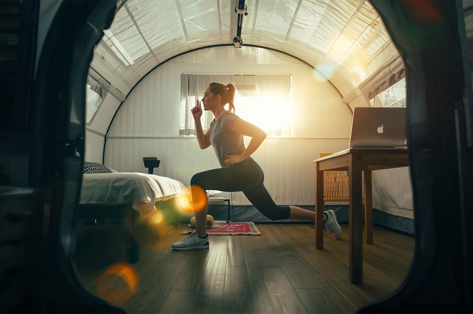A woman in athletic wear performing a lunge exercise indoors, illuminated by bright sun coming through a window, next to a desk and laptop, symbolizing home fitness.