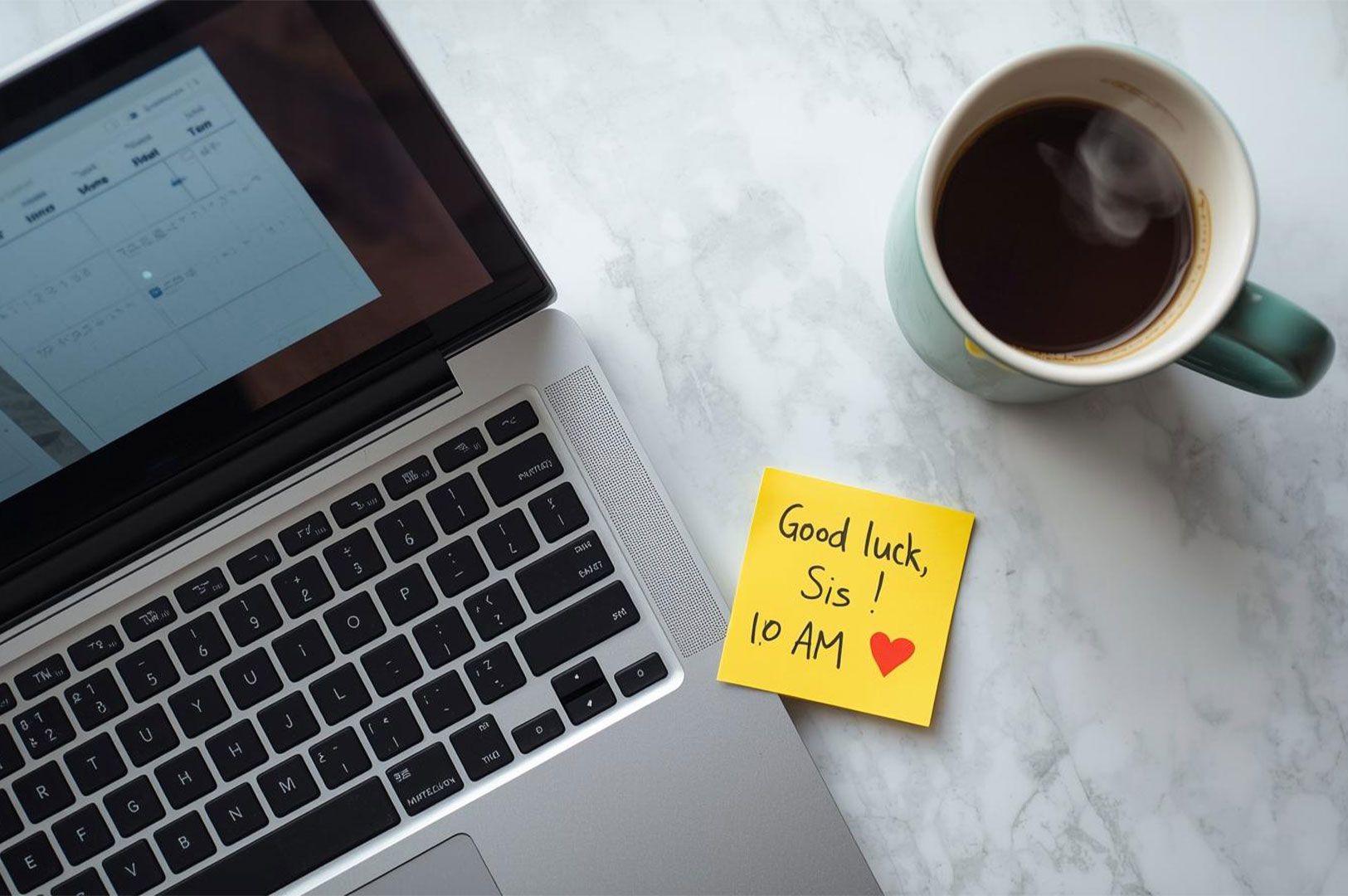 Top-down view of a desk setup featuring an open laptop, a steaming cup of coffee, and a yellow sticky note that reads
