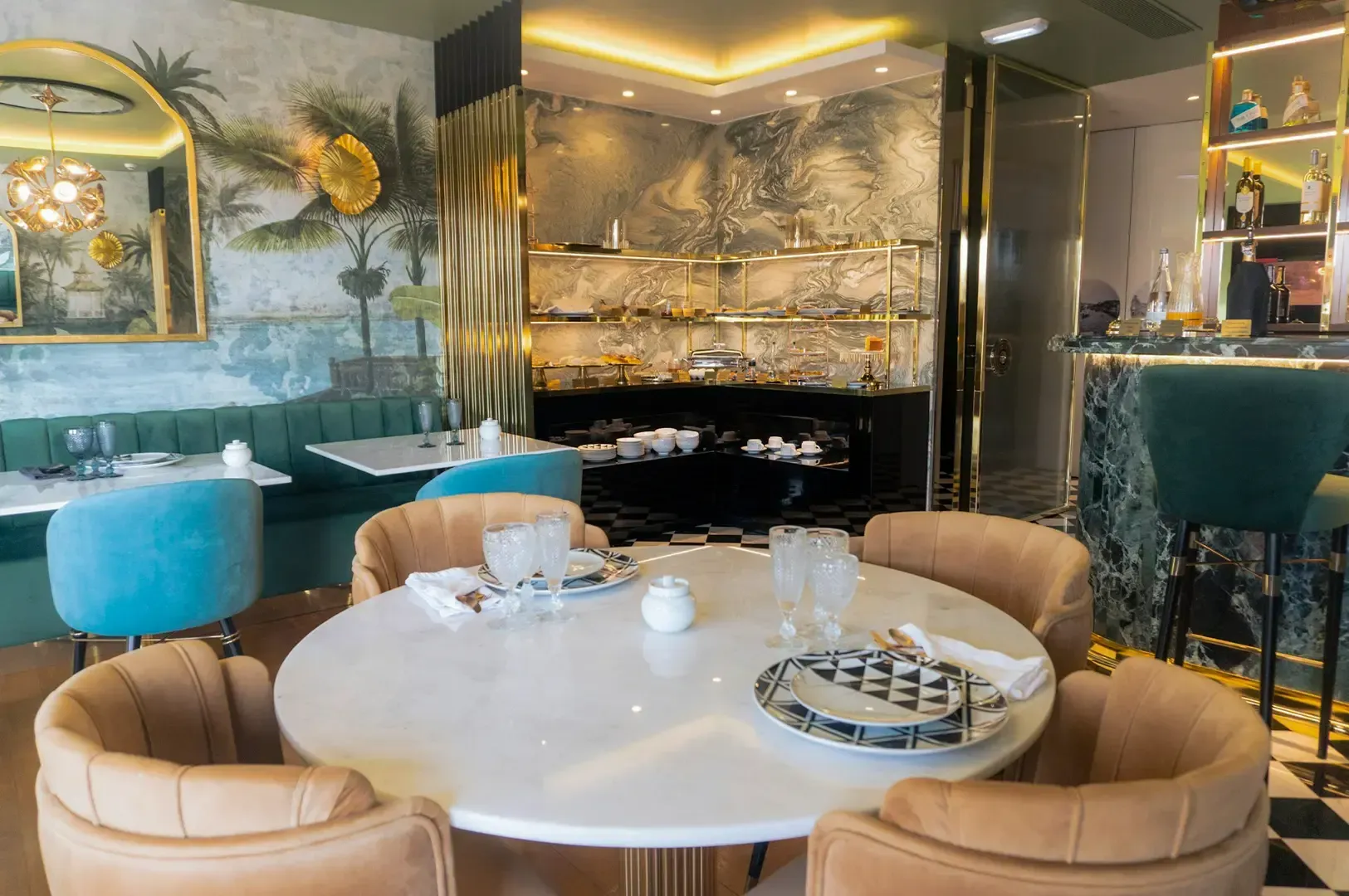 Interior view of a hotel room with a private lounge and accommodations.
