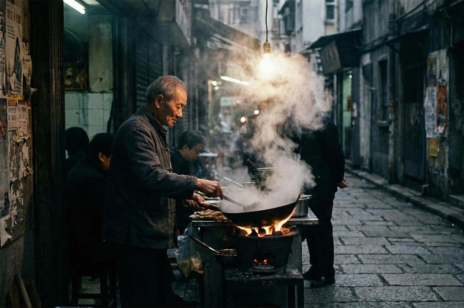 Atmospheric photograph of an elderly man cooking traditional food over a charcoal stove in a narrow, moody alleyway with steam rising into the light.