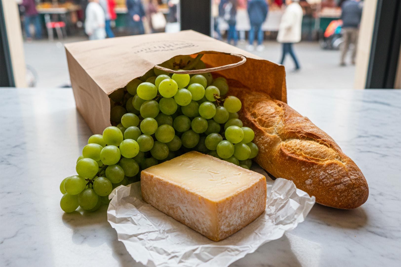 A paper shopping bag overflowing with green grapes and a french baguette sitting next to a block of artisan cheese on a marble surface.
