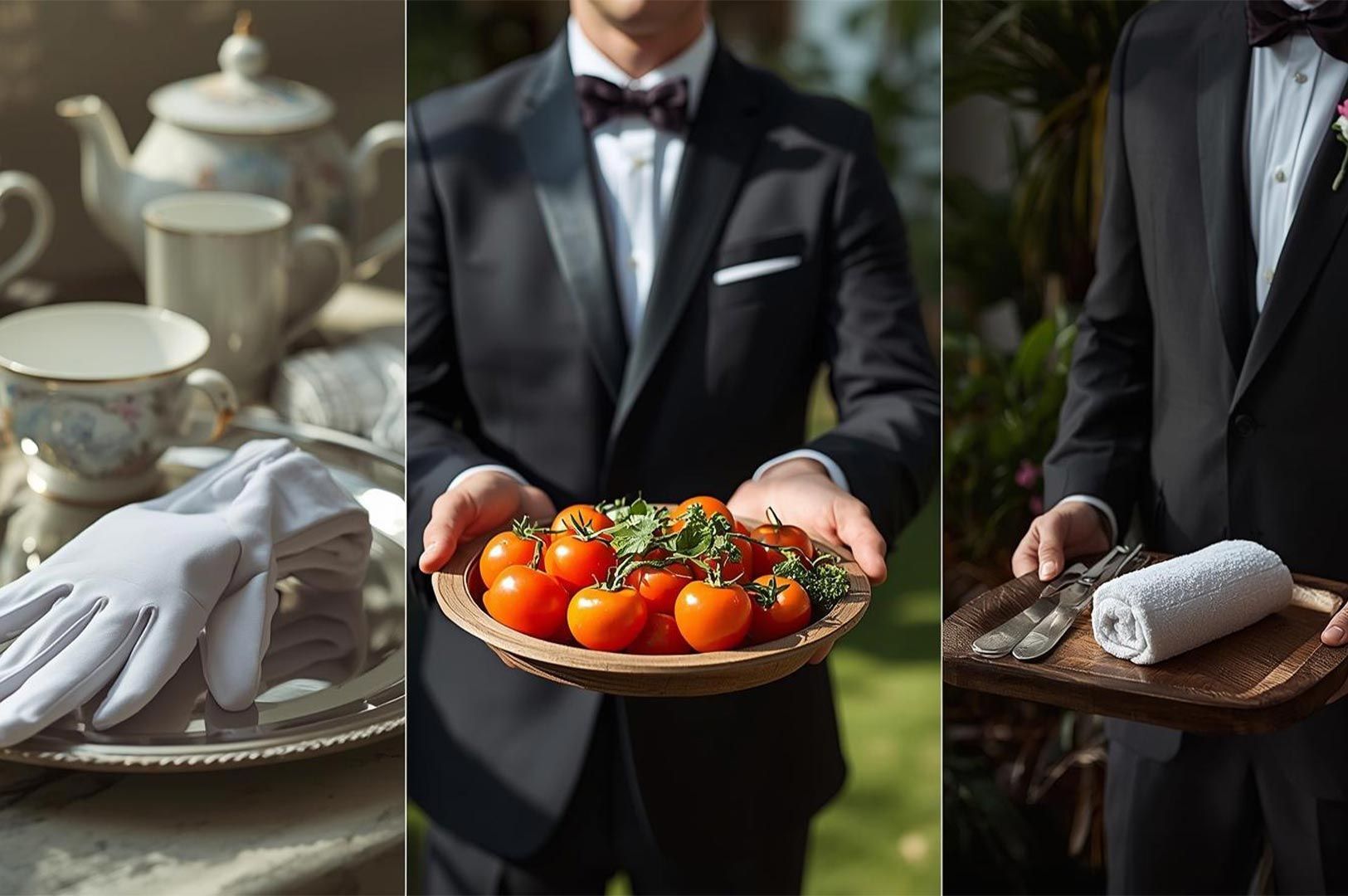 A three-part collage showing formal white gloves on a silver tray, a server holding fresh cherry tomatoes, and a butler presenting a hot towel and cutlery.