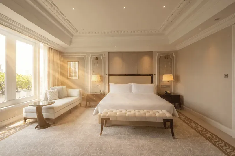 Warm sunlight streams into a symmetrically arranged bedroom featuring a centered bed, a footboard bench, and a window-side chaise lounge. The balanced layout leaves wide, clear pathways that maximize the feeling of available floor space.