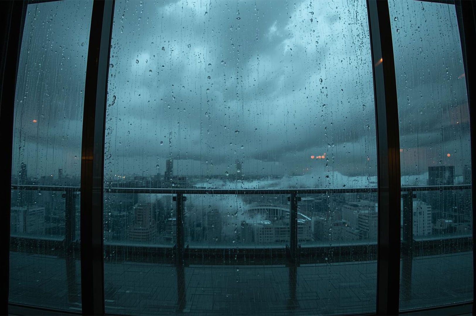 Dramatic view of a dense, rainy city from a high-rise building, with raindrops streaming down the large window and a dark, stormy sky above the skyline.