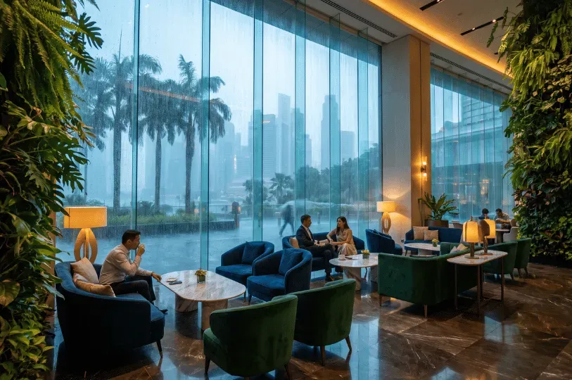 People relaxing inside a luxurious indoor lounge surrounded by green foliage walls, looking out through tall glass windows at a rainy day in Singapore with palm trees and mist.