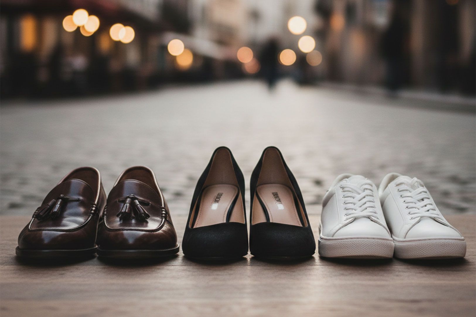 Three pairs of shoes lined up side-by-side on the ground: brown leather loafers, black suede pumps, and white leather sneakers, set against a blurred city street background.