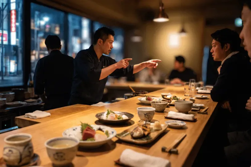 A chef in a dark uniform leans over a bright wooden counter, gesturing and conversing directly with a male diner. Assorted plates of sushi and grilled fish sit on the counter between them in the warmly lit restaurant, while evening city lights glow faintly through the window.