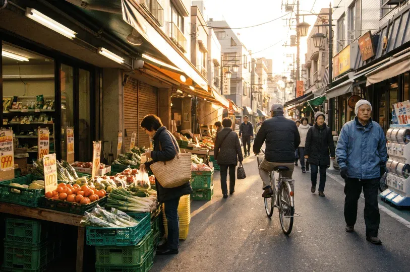 A lively local street scene bathed in warm sunlight, showing residents walking and riding bicycles past a neighborhood grocer displaying fresh vegetables and produce in stacked green crates.