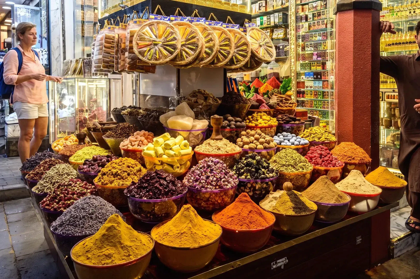A vendor in a Dubai souk selling Turmeric, Cumin, Chili, and other spices laid out in bowls in front of the stall.