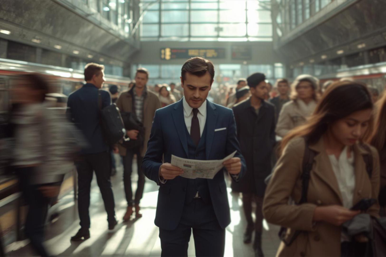 A professional man in a blue suit walking and reading a newspaper in a train station, surrounded by a motion-blurred crowd of commuters.