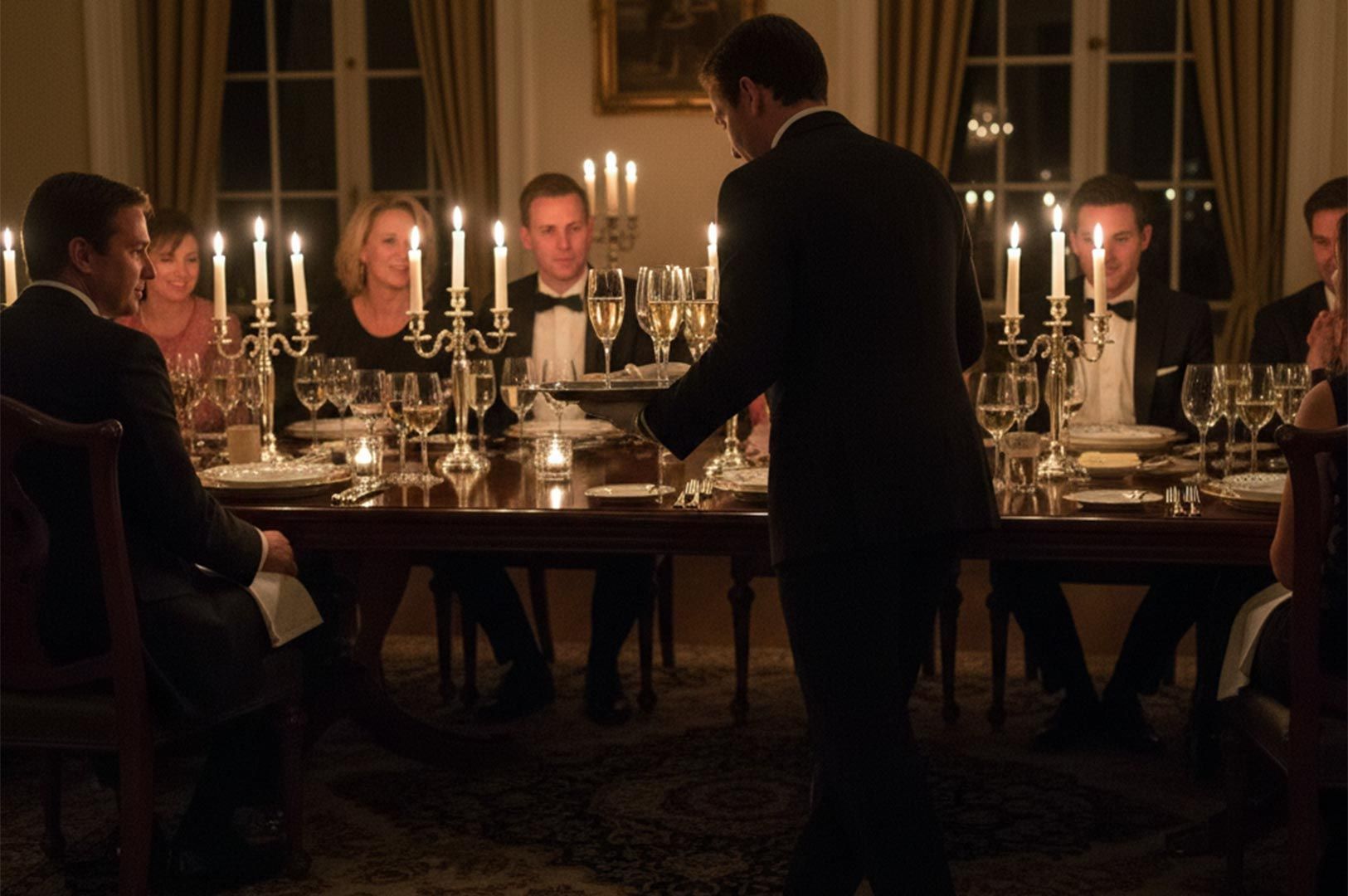 A formal candlelit dinner party in an upscale dining room, with a waiter in a suit serving champagne to guests seated at a long wooden table.