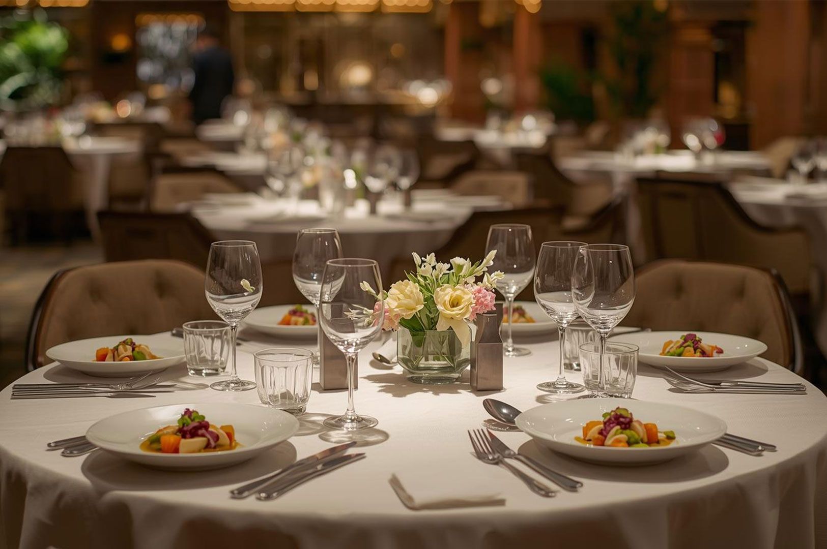 An elegantly set dining table in a high-end restaurant with a white tablecloth, multiple wine glasses, water tumblers, silverware, and small plates of appetizers, centered around a vase of pale pink and yellow flowers.