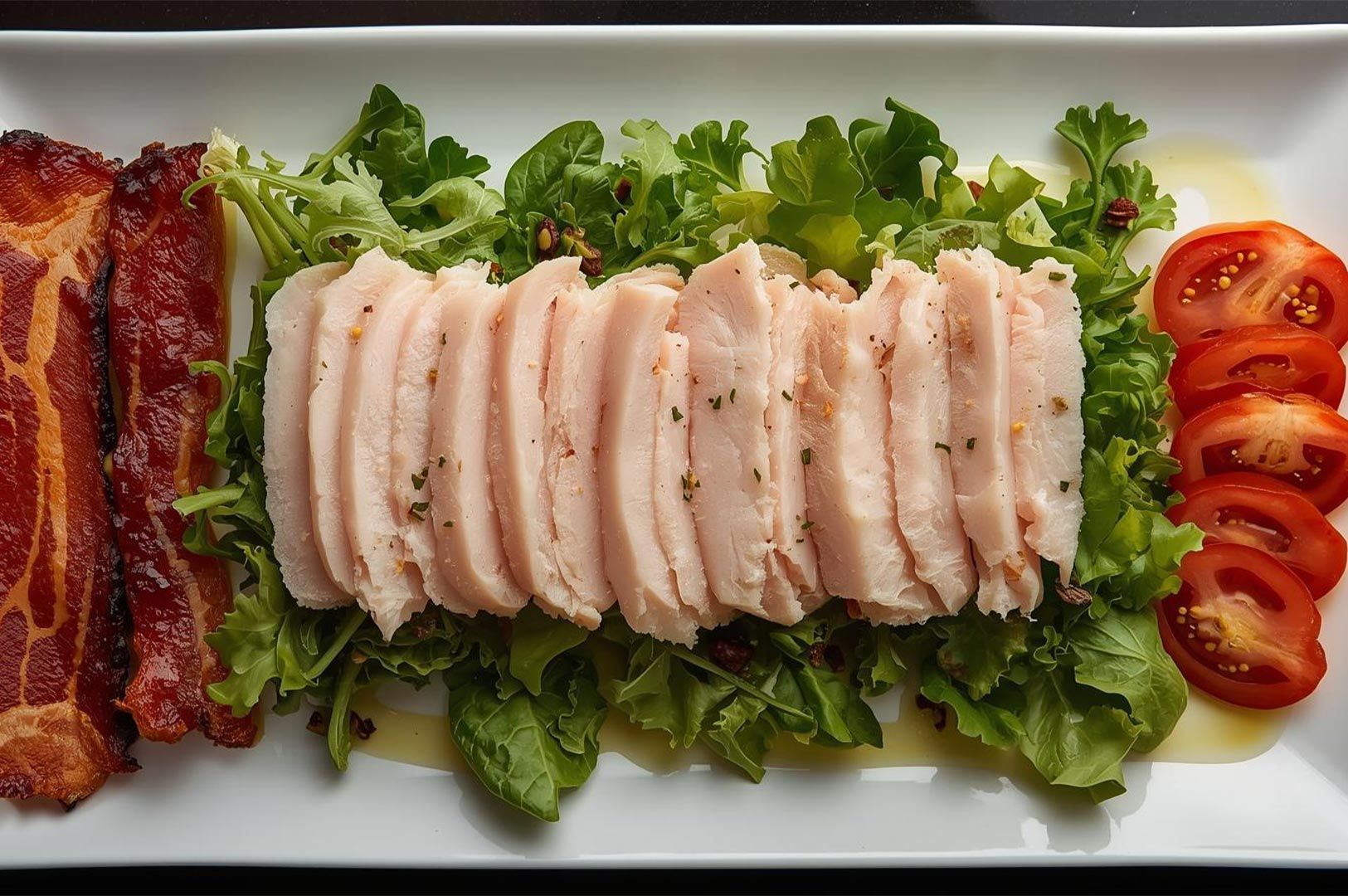 A rectangular white plate served with sliced turkey breast, strips of cooked bacon, fresh green salad, and sliced tomatoes.