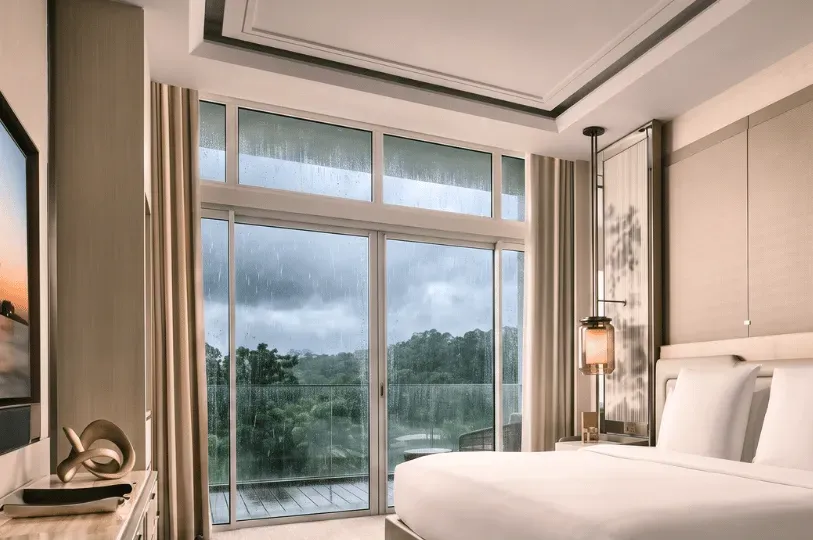 A serene, modern hotel room with soft lighting and a large glass balcony door showing rain falling over a lush, green tropical forest outside.