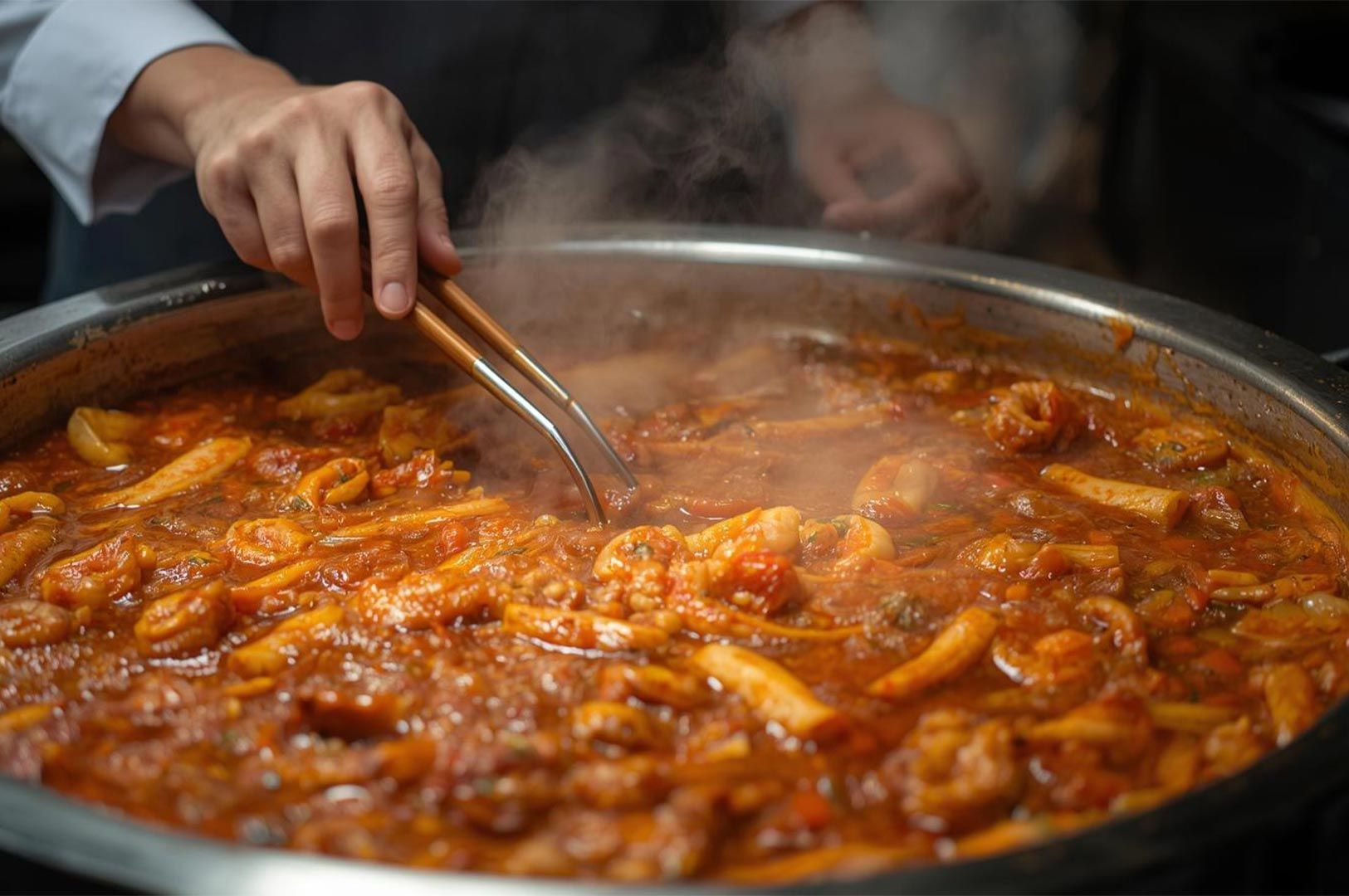 Close-up view of a chef using tongs to stir a large metal pan filled with a rich, red spicy seafood stew containing shrimp and squid.