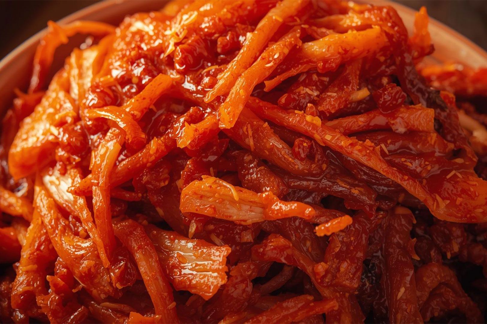 Close-up of vibrant red, glossy shredded kimchi, possibly spicy radish kimchi (mu-saengchae or muchim), in a bowl, showcasing its rich texture and seasonings.
