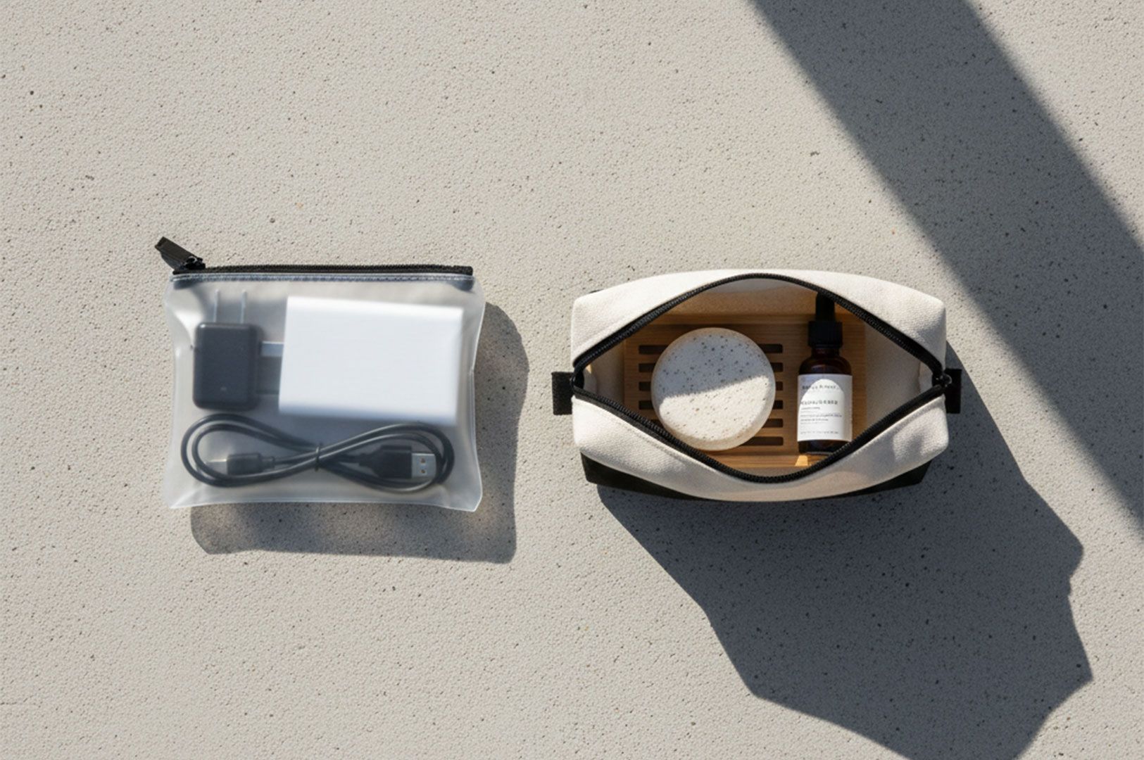 Flat lay of travel organizers on a textured surface, featuring a translucent pouch holding a white charger and cables next to an open canvas bag containing a bar of soap and a skincare bottle.