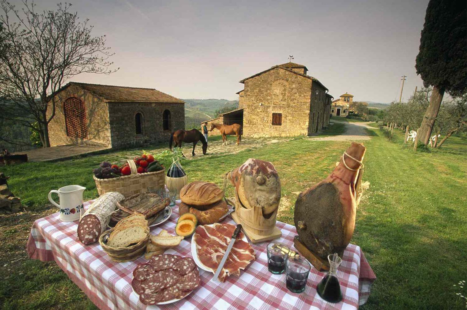 A traditional Italian picnic spread of cured meats, prosciutto, bread, cheese, and red wine on a red-and-white checkered tablecloth in the Tuscan countryside with farmhouses and horses in the background.