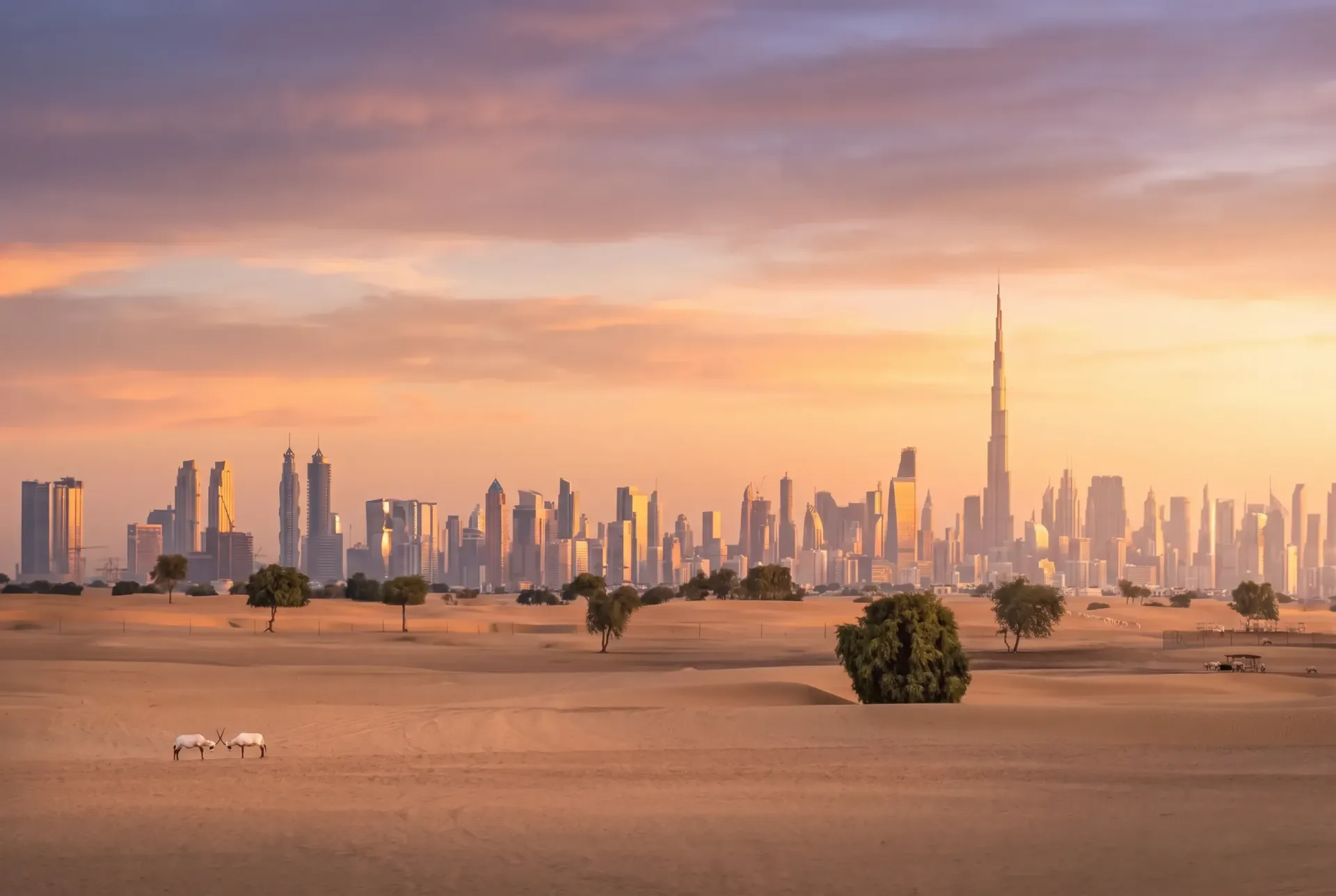The Arabian Desert during dawn with golden light mixed in the light blue sky with Dubai in the horizon.