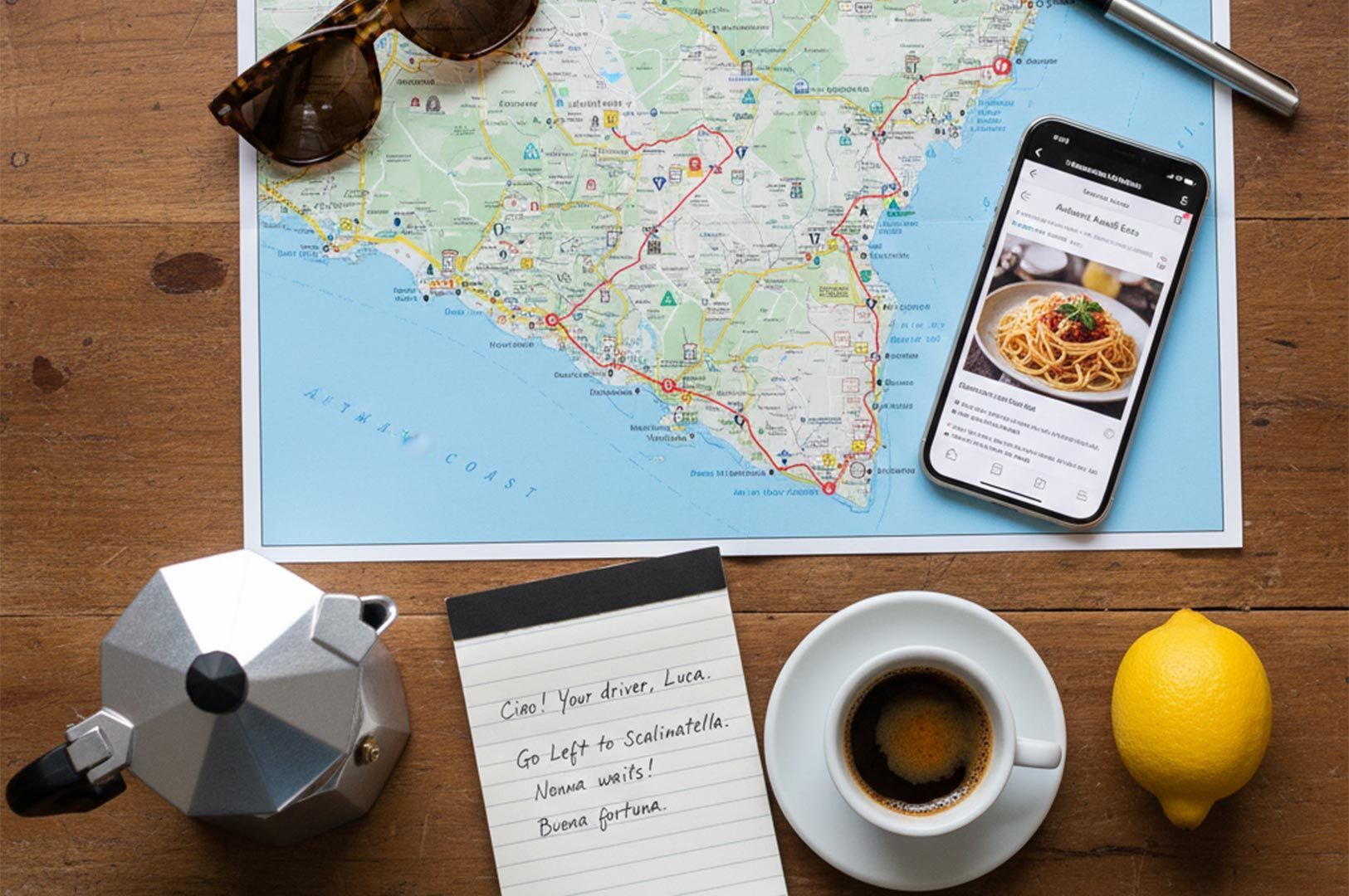 A flat lay of travel essentials including an Amalfi Coast map, a cup of espresso, a moka pot, and a handwritten note from a driver named Luca.