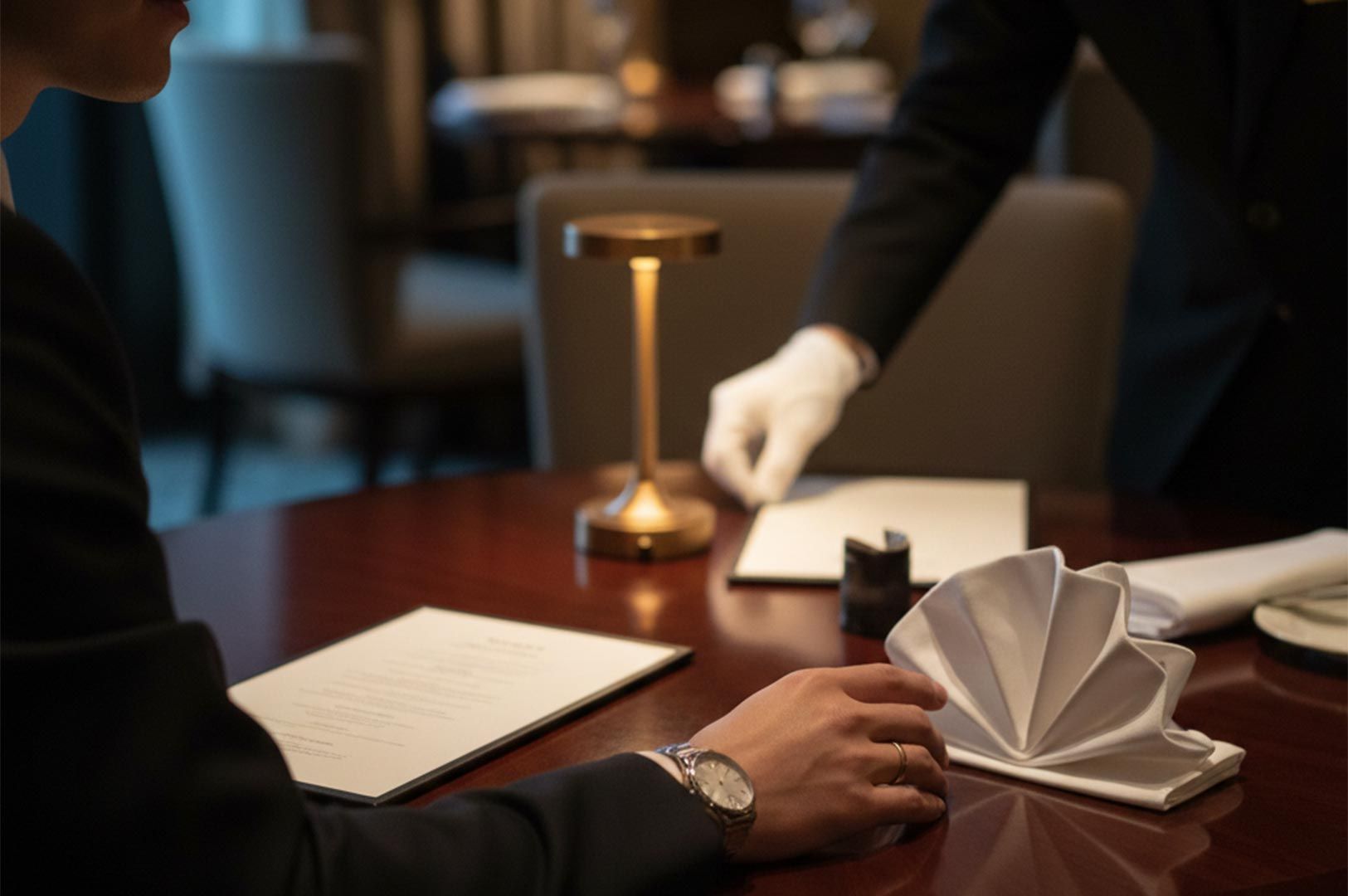 A close-up of a dimly lit luxury dining table featuring a modern gold lamp, a crisp folded napkin, and a server in white gloves attending to a guest.