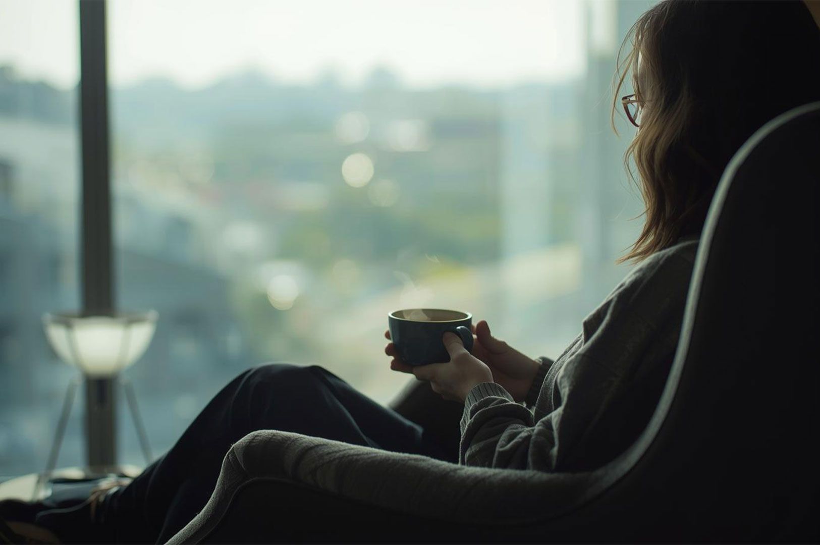 A relaxed woman wearing glasses and a cozy sweater sits in an armchair, silhouetted against a large window, holding a small, steaming mug of coffee or tea during a peaceful morning routine.
