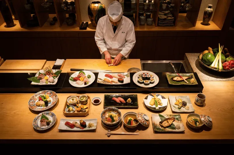 A highly organized, expansive omakase spread laid out on a pristine, light-wood sushi counter. In the center, a chef in a traditional white uniform and hat meticulously prepares a piece of sushi. The counter is covered with beautifully plated dishes, including vibrant sashimi, nigiri assortments, tempura, and small composed bowls.