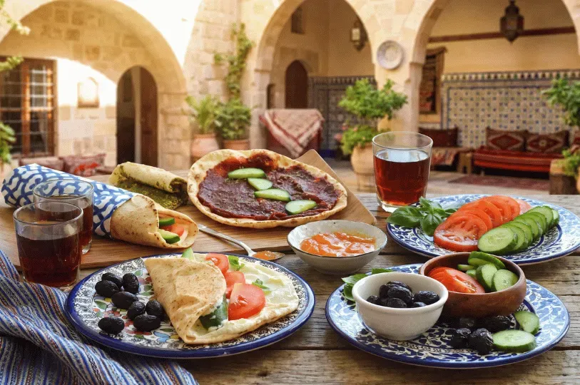 An alfresco Middle Eastern breakfast spread arranged in a traditional stone courtyard. The table is filled with za'atar flatbreads, fresh vegetables, black olives, and steeped tea.