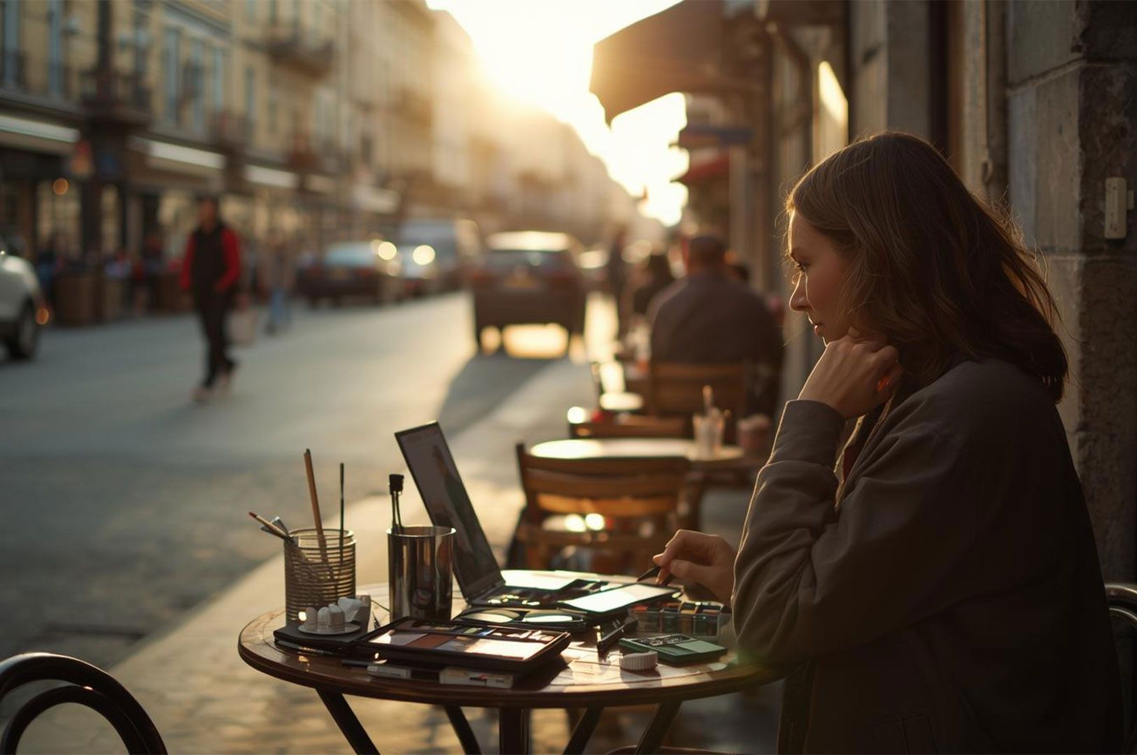 A woman sitting at a sidewalk cafe table during the golden hour, working with a laptop and various art supplies while looking out at the sunny street.