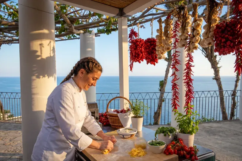 A smiling female chef in a white uniform kneads fresh pasta dough on a sunlit terrace overlooking the ocean, framed by hanging clusters of vibrant red chilies, dried garlic, and fresh basil.