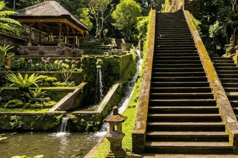 A steep, moss-covered stone staircase winding past a traditional Balinese thatched-roof pavilion and cascading water garden.