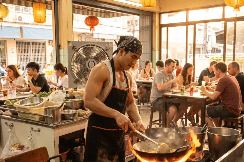 A street food vendor vigorously cooking with a wok over a roaring open flame in a lively, open-air Bangkok eatery filled with dining locals and tourists.