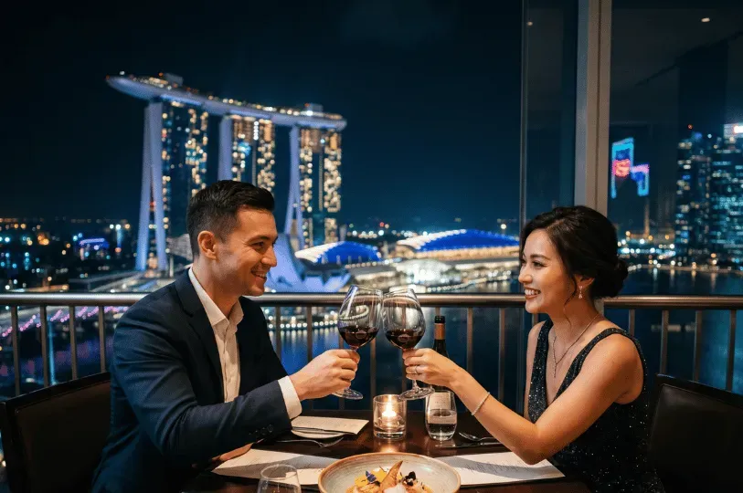 A smiling couple in elegant evening wear toasting with glasses of red wine at a restaurant table, with the dazzling nighttime architecture of Marina Bay Sands in the background.