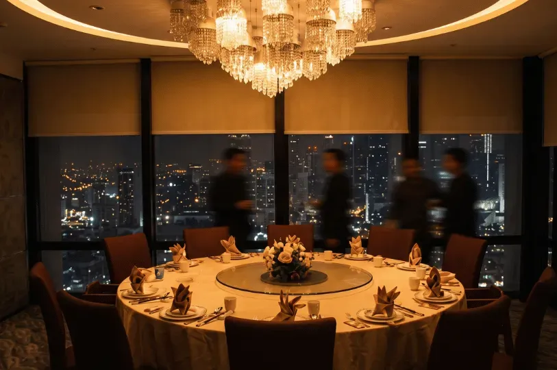 A luxurious private dining room featuring a large round table set for a banquet under a brilliant crystal chandelier, with waiters moving in the blurred background against a panoramic nighttime view of the Singapore skyline.