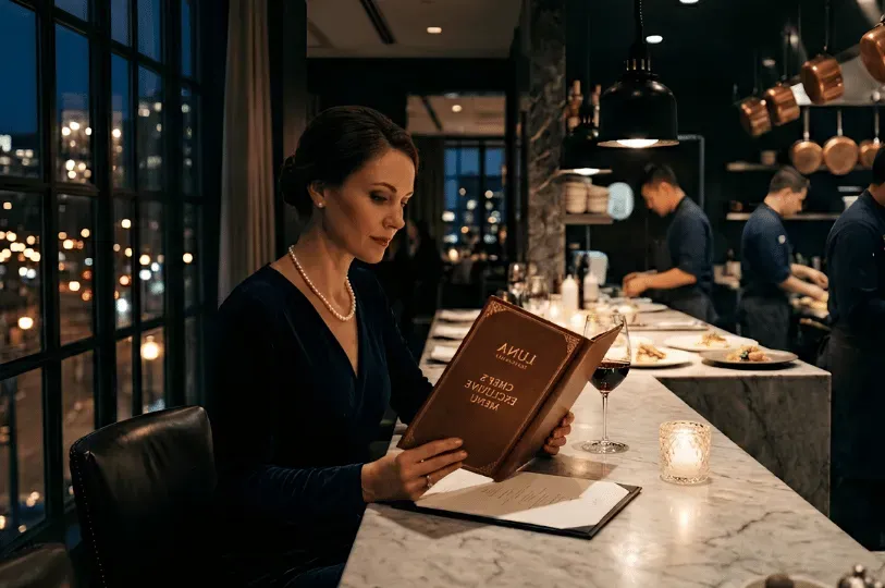 An elegantly dressed woman seated at a restaurant counter, reading a leather-bound