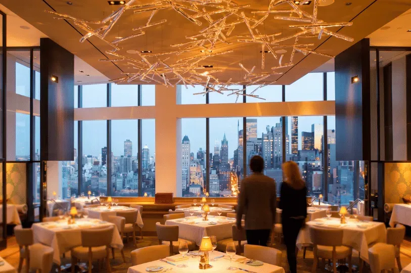 An elegant, high-altitude dining room featuring floor-to-ceiling windows that offer guests a panoramic view of the illuminated New York City skyline at dusk, accented by a striking modern chandelier.