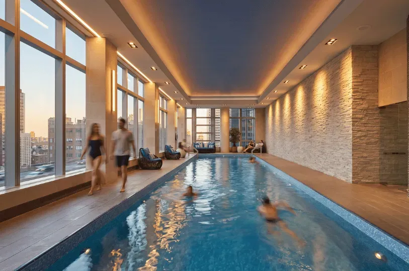 A luxurious indoor swimming pool inside a high-rise building, featuring a stone accent wall, lounge seating, and large windows looking out over the city as residents swim and relax.